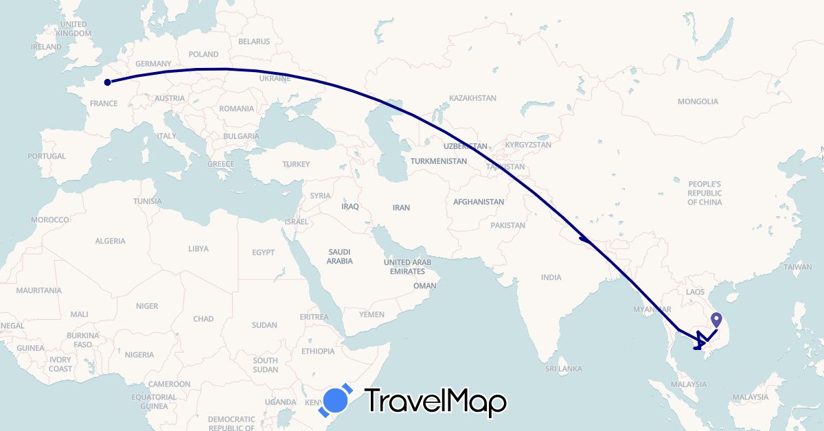 TravelMap itinerary: driving in France, Cambodia, Nepal, Thailand (Asia, Europe)